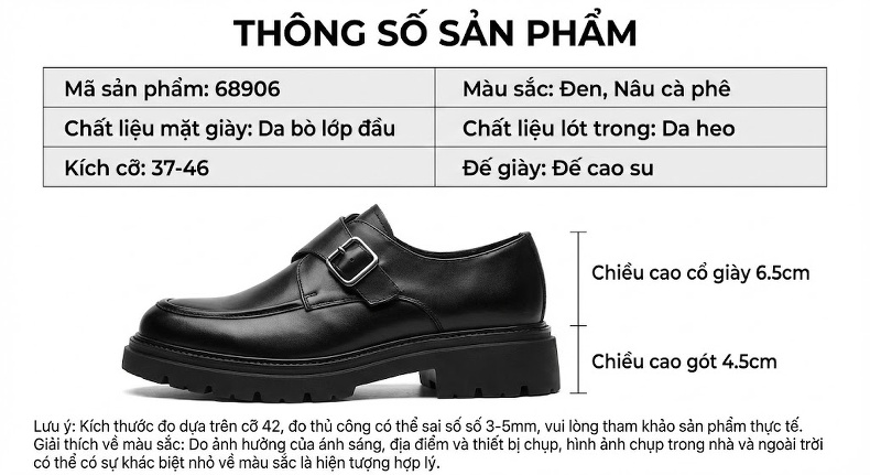Giày Tây Mũi Vuông Nam Da Bóng Đế Cao Khoảng 5cm Quai Dán Màu Đen, Nâu chi tiết 2