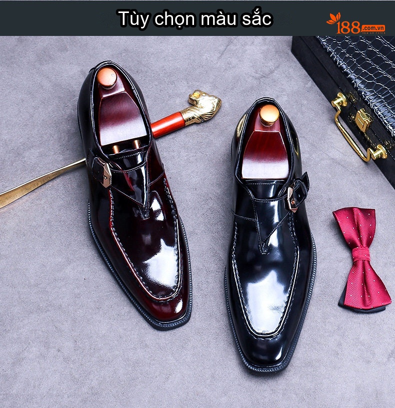 Giày Tây Nam Da Bò Bề Mặt Bóng Khóa Cài Chiều Cao Đế Khoảng 3cm Màu Đen, Đỏ Rượu chi tiết 2