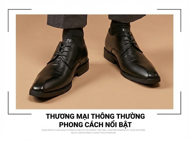 Giày Tây Nam Da Bò Dập Vân Cá Sấu Đầu Vuông Brogue Chiều Cao Đế Khoảng 3cm Màu Đen, Nâu chi tiết 11