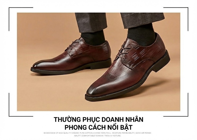 Giày Tây Nam Da Bò Dập Vân Cá Sấu Đầu Vuông Brogue Chiều Cao Đế Khoảng 3cm Màu Đen, Nâu chi tiết 13