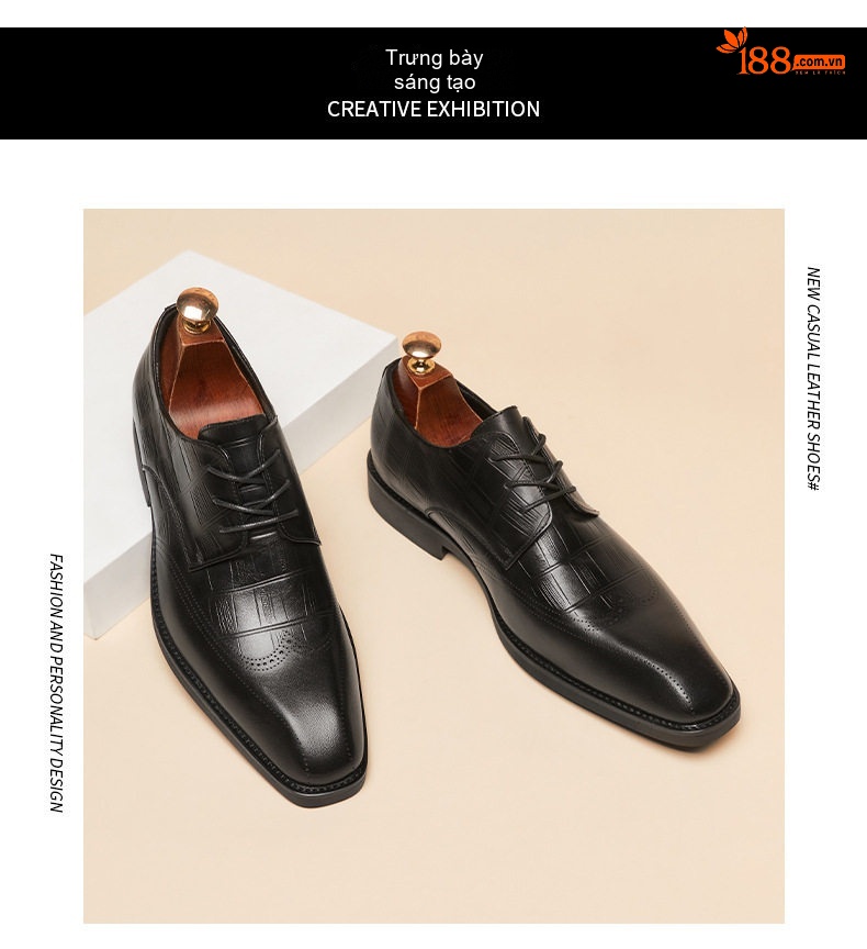 Giày Tây Nam Da Bò Dập Vân Cá Sấu Đầu Vuông Brogue Chiều Cao Đế Khoảng 3cm Màu Đen, Nâu chi tiết 14