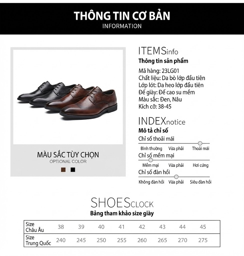 Giày Tây Nam Da Bò Dập Vân Cá Sấu Đầu Vuông Brogue Chiều Cao Đế Khoảng 3cm Màu Đen, Nâu chi tiết 9