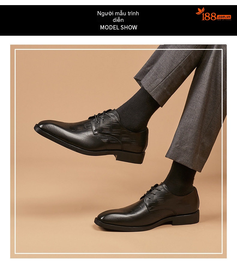 Giày Tây Nam Da Bò Dập Vân Cá Sấu Đầu Vuông Brogue Chiều Cao Đế Khoảng 3cm Màu Đen, Nâu chi tiết 10