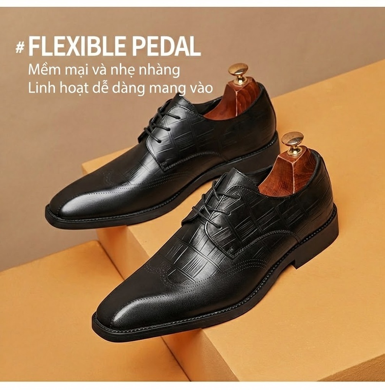 Giày Tây Nam Da Bò Dập Vân Cá Sấu Đầu Vuông Brogue Chiều Cao Đế Khoảng 3cm Màu Đen, Nâu chi tiết 2
