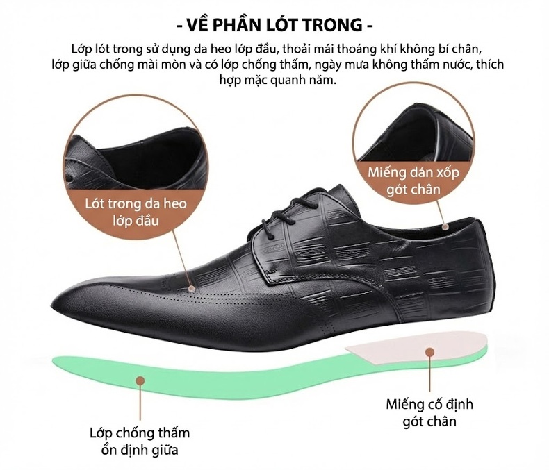 Giày Tây Nam Da Bò Dập Vân Cá Sấu Đầu Vuông Brogue Chiều Cao Đế Khoảng 3cm Màu Đen, Nâu chi tiết 4