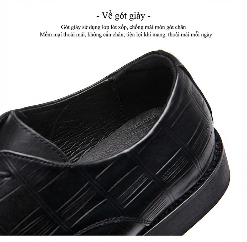 Giày Tây Nam Da Bò Dập Vân Cá Sấu Đầu Vuông Brogue Chiều Cao Đế Khoảng 3cm Màu Đen, Nâu chi tiết 5