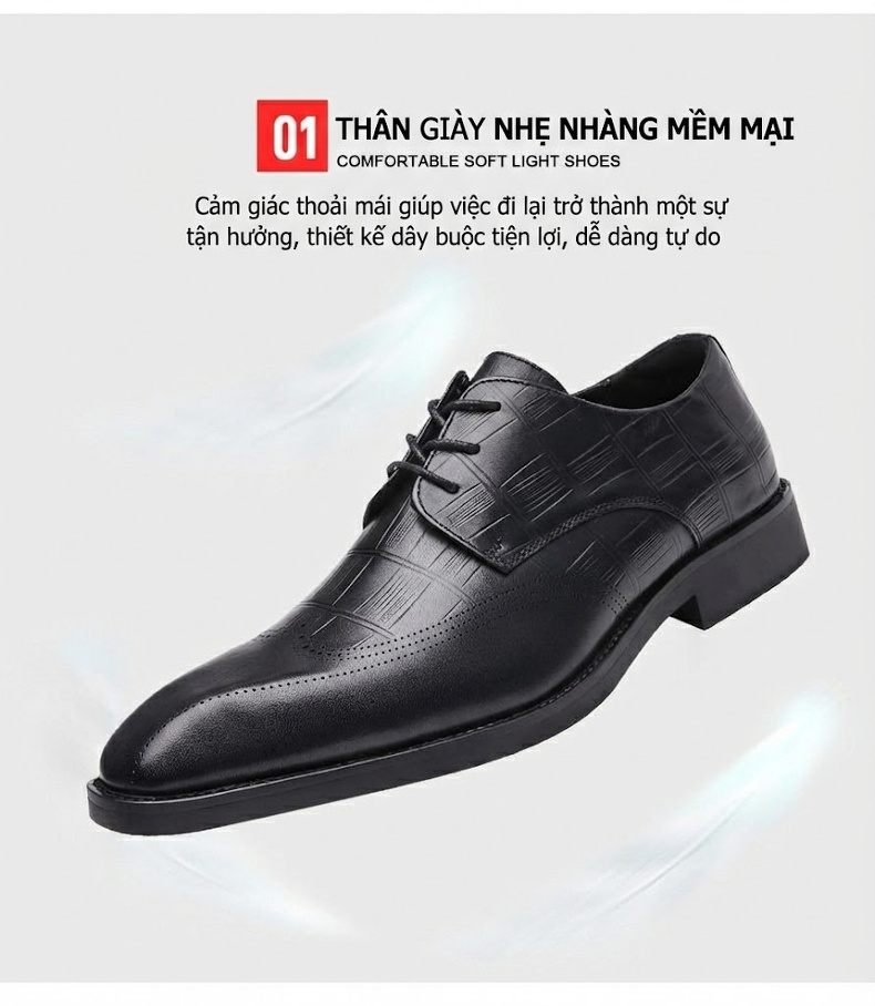 Giày Tây Nam Da Bò Dập Vân Cá Sấu Đầu Vuông Brogue Chiều Cao Đế Khoảng 3cm Màu Đen, Nâu chi tiết 6