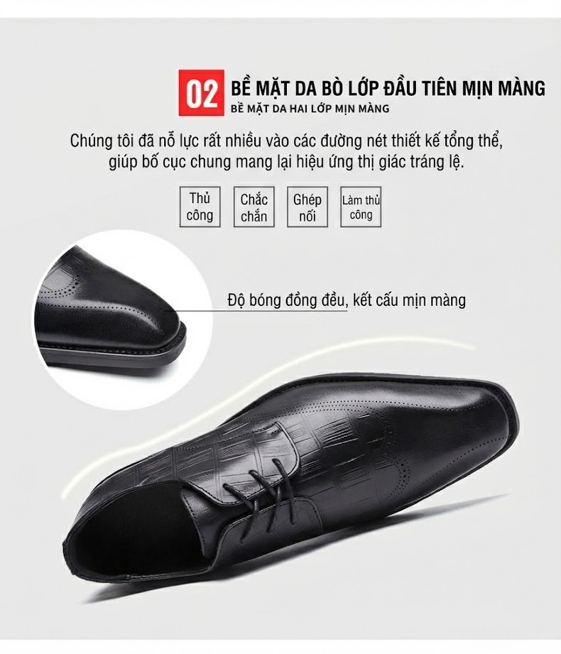 Giày Tây Nam Da Bò Dập Vân Cá Sấu Đầu Vuông Brogue Chiều Cao Đế Khoảng 3cm Màu Đen, Nâu chi tiết 7
