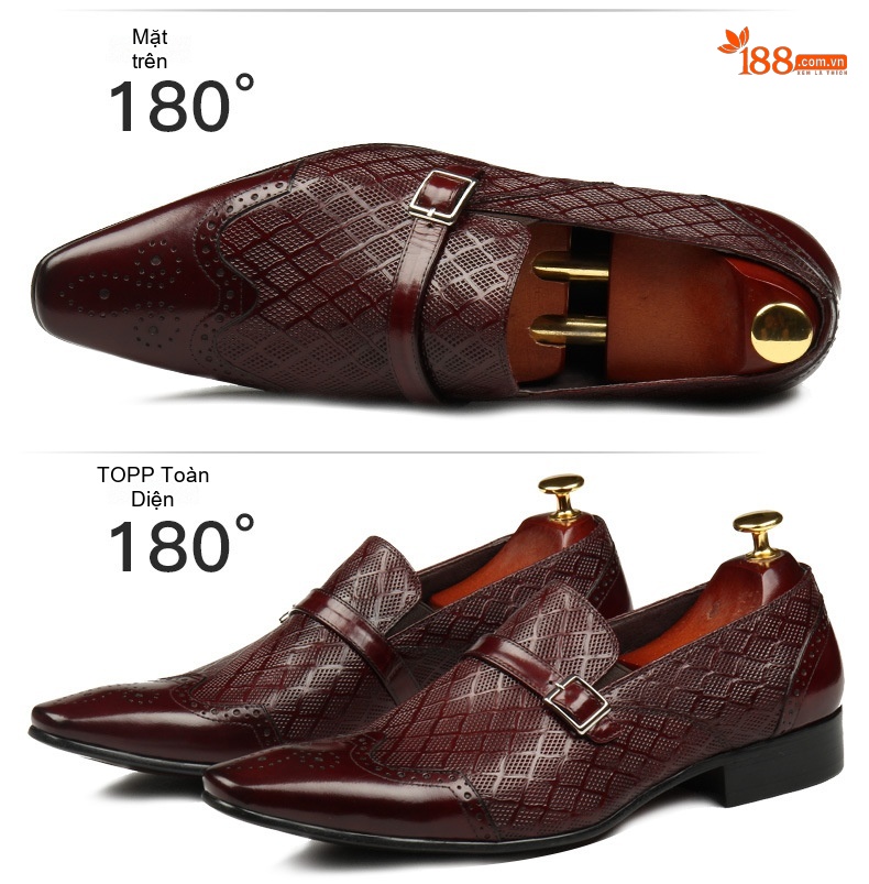 Giày Tây Nam Da Bò Mũi Nhọn Brogue Khóa Cài Chiều Cao Đế Khoảng 3cm Màu Đen, Nâu chi tiết 1
