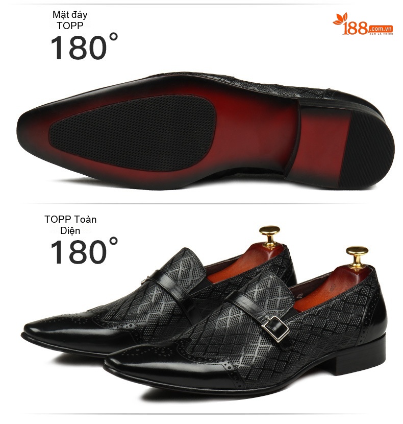 Giày Tây Nam Da Bò Mũi Nhọn Brogue Khóa Cài Chiều Cao Đế Khoảng 3cm Màu Đen, Nâu chi tiết 4
