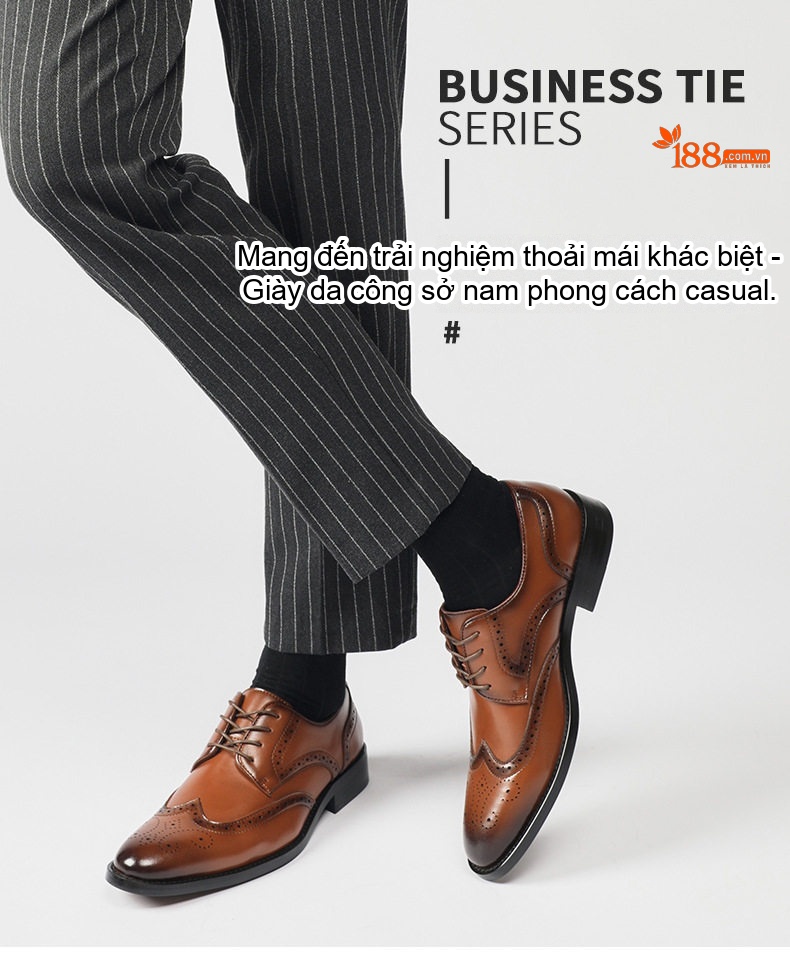Giày Tây Nam Da Bóng Buộc Dây Brogue Chiều Cao Đế Khoảng 3cm Màu Đen, Nâu chi tiết 2