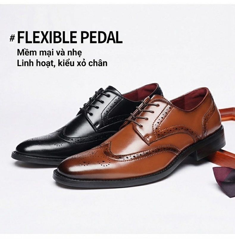 Giày Tây Nam Da Bóng Buộc Dây Brogue Chiều Cao Đế Khoảng 3cm Màu Đen, Nâu chi tiết 3