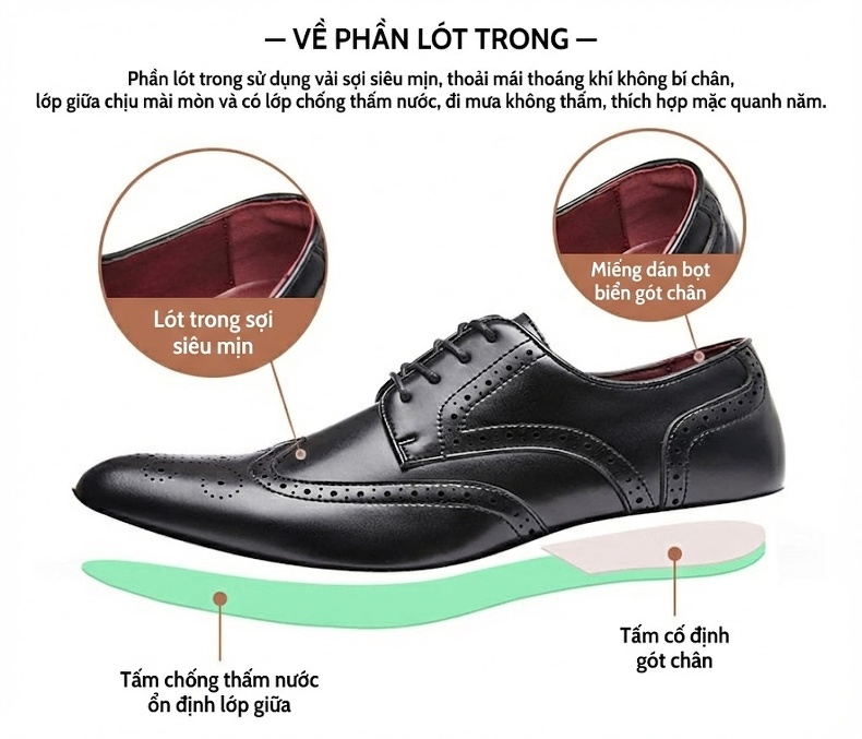 Giày Tây Nam Da Bóng Buộc Dây Brogue Chiều Cao Đế Khoảng 3cm Màu Đen, Nâu chi tiết 5
