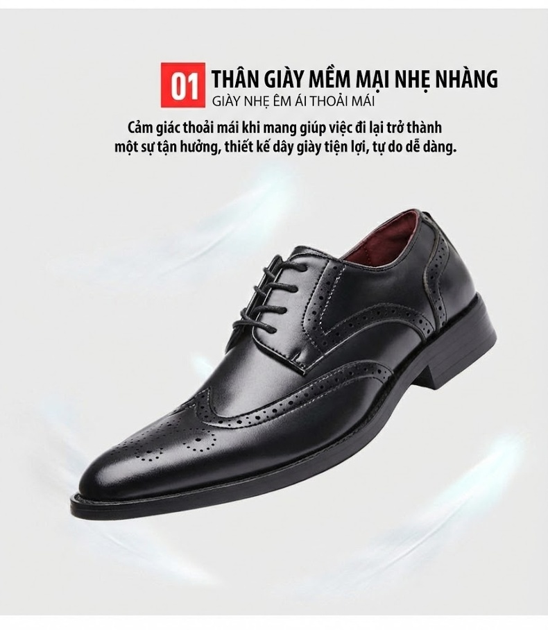 Giày Tây Nam Da Bóng Buộc Dây Brogue Chiều Cao Đế Khoảng 3cm Màu Đen, Nâu chi tiết 7