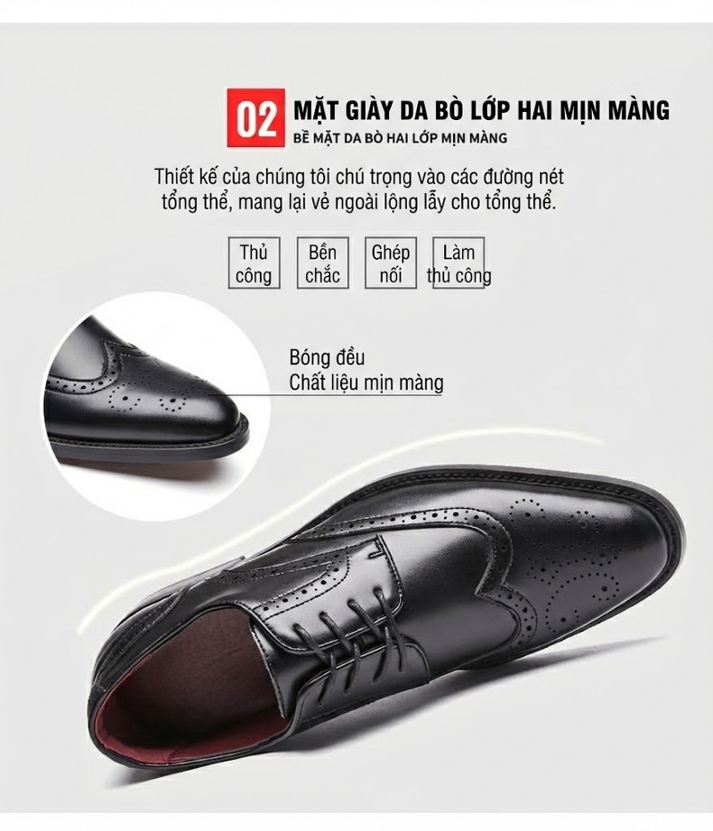 Giày Tây Nam Da Bóng Buộc Dây Brogue Chiều Cao Đế Khoảng 3cm Màu Đen, Nâu chi tiết 8