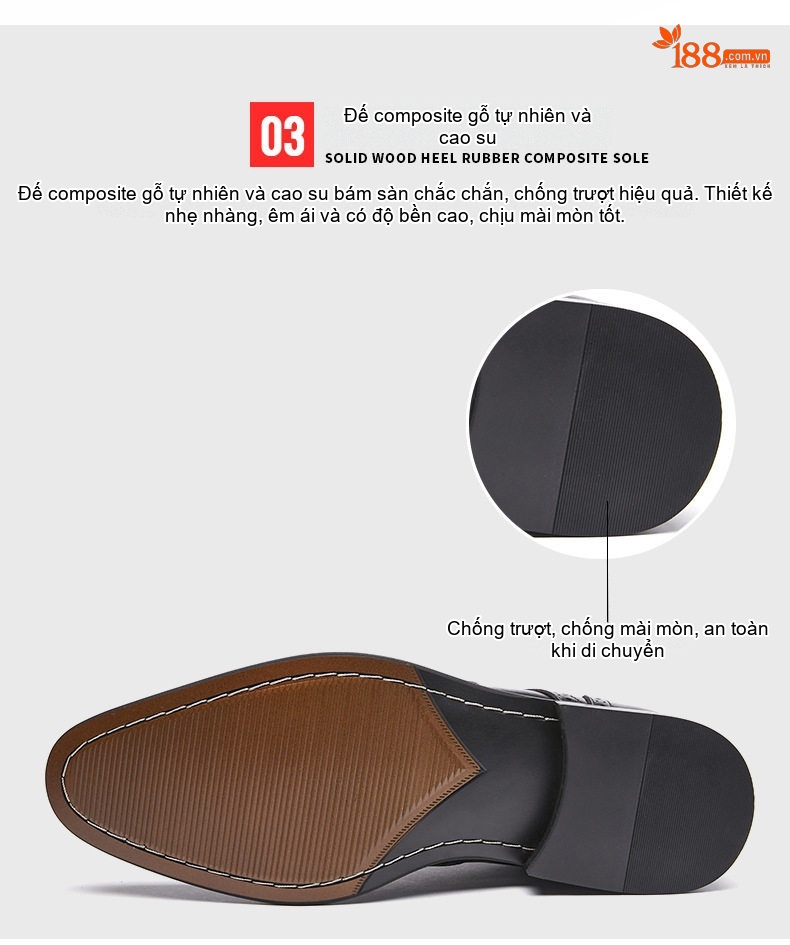 Giày Tây Nam Da Bóng Buộc Dây Brogue Chiều Cao Đế Khoảng 3cm Màu Đen, Nâu chi tiết 9