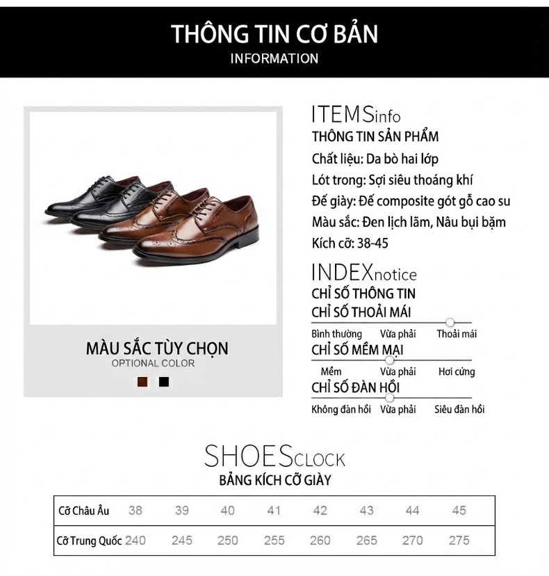 Giày Tây Nam Da Bóng Buộc Dây Brogue Chiều Cao Đế Khoảng 3cm Màu Đen, Nâu chi tiết 10