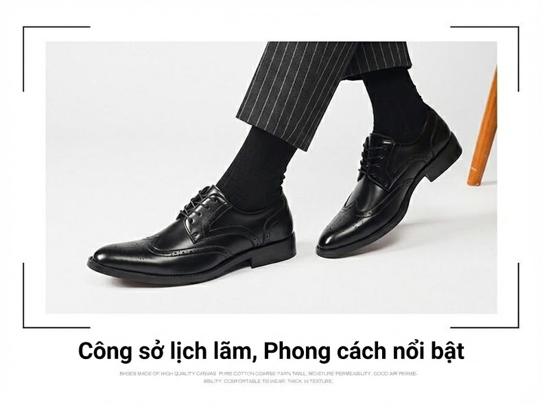 Giày Tây Nam Da Bóng Buộc Dây Brogue Chiều Cao Đế Khoảng 3cm Màu Đen, Nâu chi tiết 12