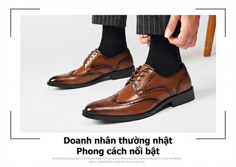 Giày Tây Nam Da Bóng Buộc Dây Brogue Chiều Cao Đế Khoảng 3cm Màu Đen, Nâu chi tiết 14