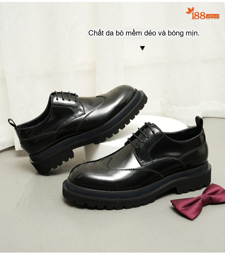 Giày Tây Nam Da Bóng Đế Dày Chiều Cao Đế Khoảng 4cm Kiểu Anh Quốc Màu Đen, Nâu chi tiết 2