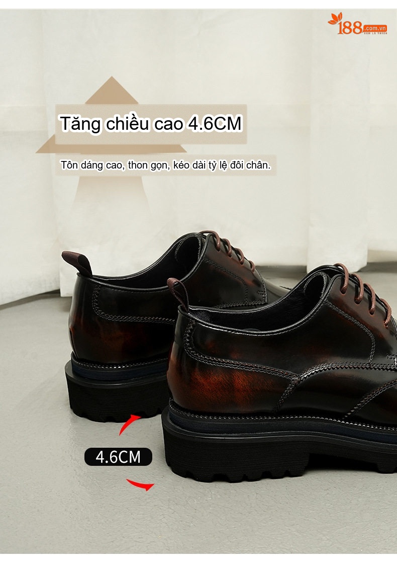 Giày Tây Nam Da Bóng Đế Dày Chiều Cao Đế Khoảng 4cm Kiểu Anh Quốc Màu Đen, Nâu chi tiết 6