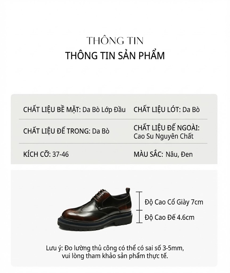 Giày Tây Nam Da Bóng Đế Dày Chiều Cao Đế Khoảng 4cm Kiểu Anh Quốc Màu Đen, Nâu chi tiết 7