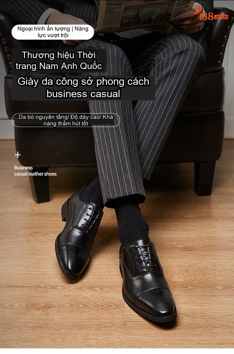 Giày Tây Nam Da Bóng Kiểu Nhật Bản Chiều Cao Đế Khoảng 3cm Màu Đen, Nâu chi tiết 2