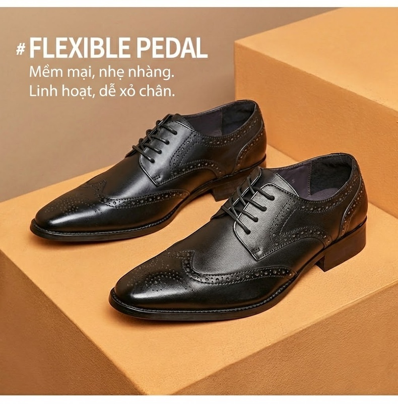 Giày Tây Nam Da Thật Mũi Nhọn Brogue Chiều Cao Đế Khoảng 3cm Màu Đen, Nâu Đỏ chi tiết 2
