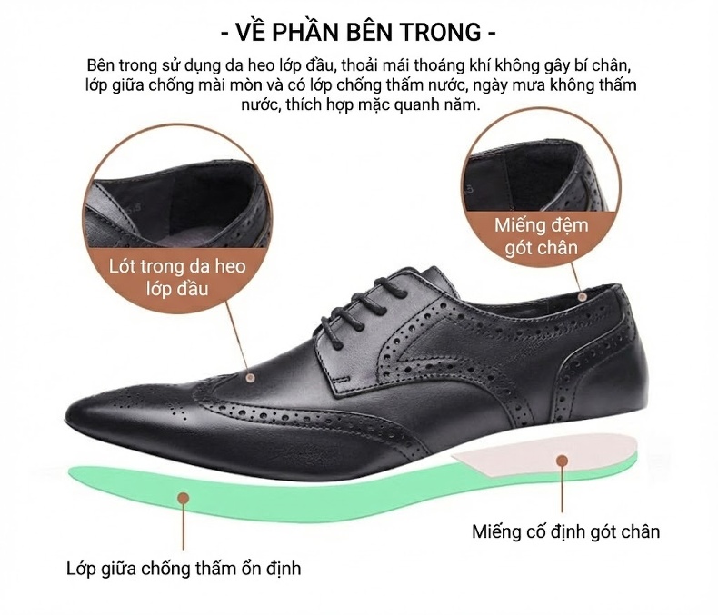 Giày Tây Nam Da Thật Mũi Nhọn Brogue Chiều Cao Đế Khoảng 3cm Màu Đen, Nâu Đỏ chi tiết 4
