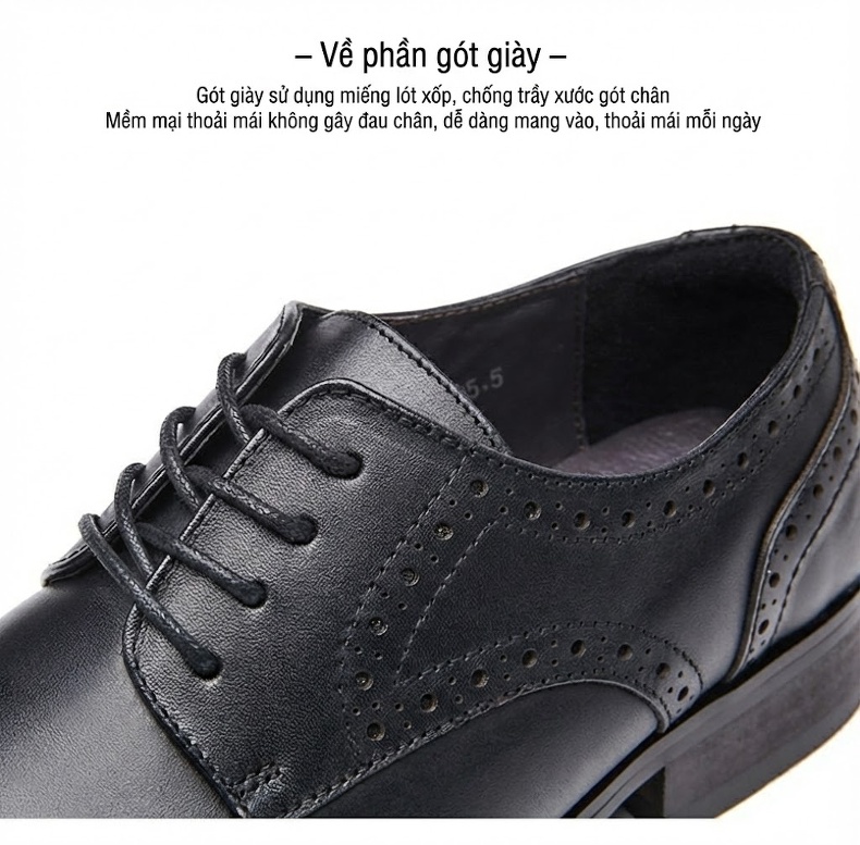 Giày Tây Nam Da Thật Mũi Nhọn Brogue Chiều Cao Đế Khoảng 3cm Màu Đen, Nâu Đỏ chi tiết 5