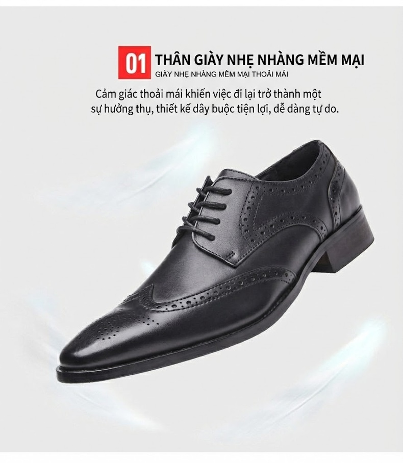 Giày Tây Nam Da Thật Mũi Nhọn Brogue Chiều Cao Đế Khoảng 3cm Màu Đen, Nâu Đỏ chi tiết 6