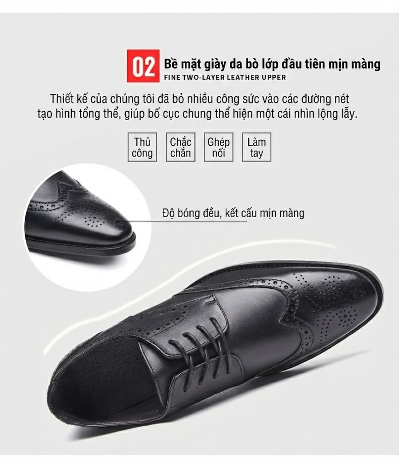 Giày Tây Nam Da Thật Mũi Nhọn Brogue Chiều Cao Đế Khoảng 3cm Màu Đen, Nâu Đỏ chi tiết 7