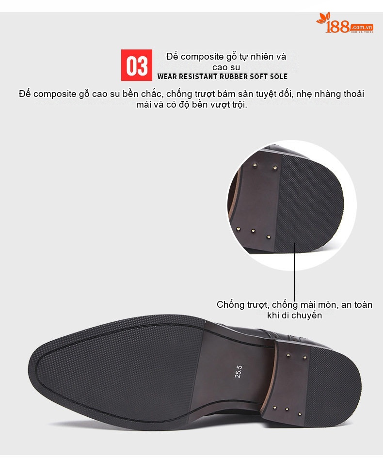 Giày Tây Nam Da Thật Mũi Nhọn Brogue Chiều Cao Đế Khoảng 3cm Màu Đen, Nâu Đỏ chi tiết 8