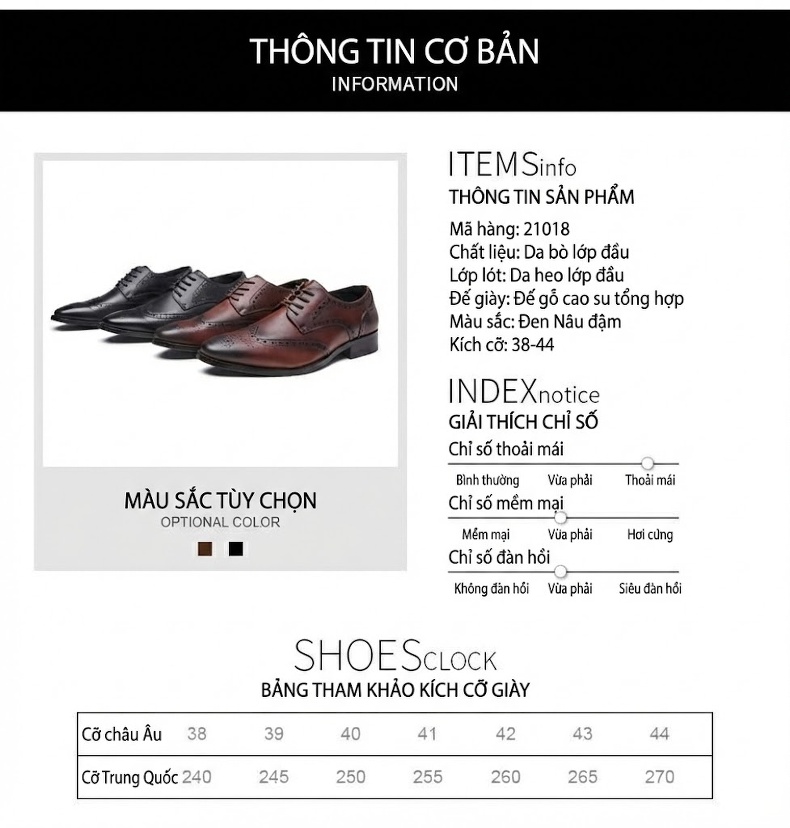 Giày Tây Nam Da Thật Mũi Nhọn Brogue Chiều Cao Đế Khoảng 3cm Màu Đen, Nâu Đỏ chi tiết 9