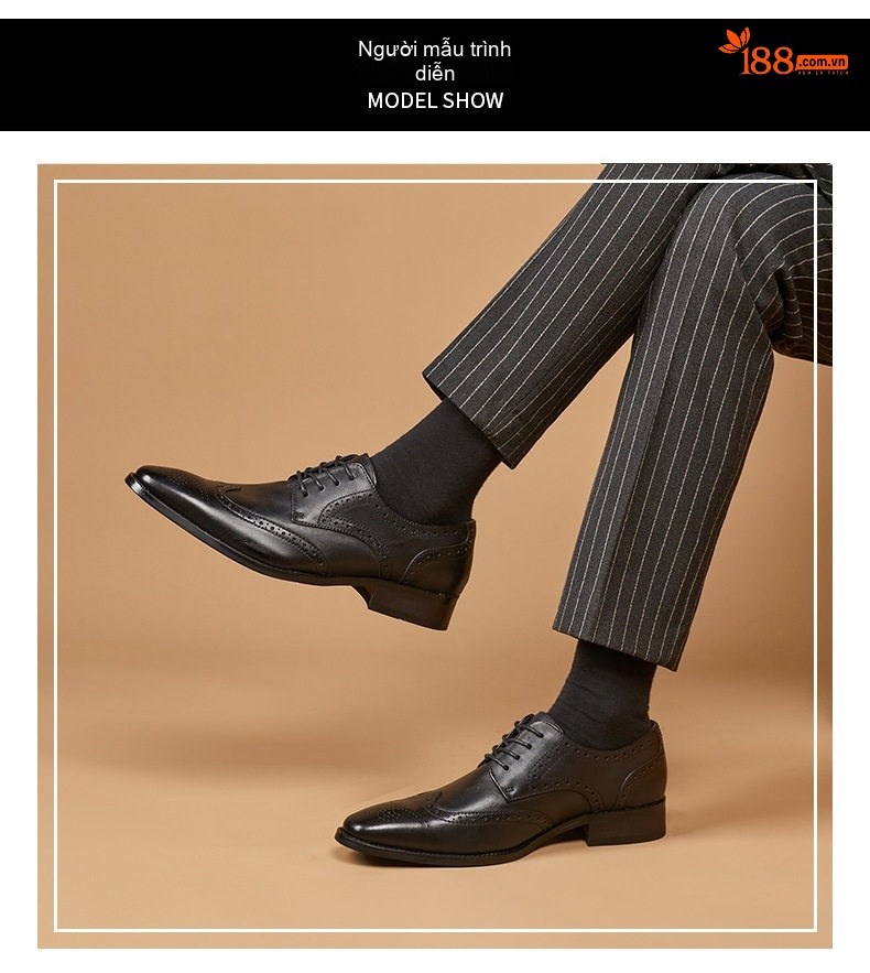 Giày Tây Nam Da Thật Mũi Nhọn Brogue Chiều Cao Đế Khoảng 3cm Màu Đen, Nâu Đỏ chi tiết 10