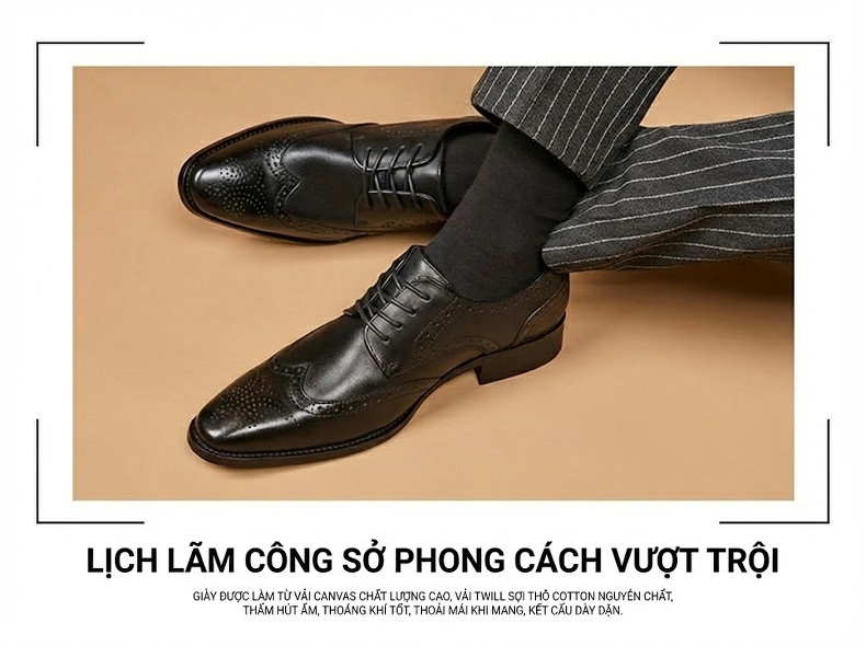 Giày Tây Nam Da Thật Mũi Nhọn Brogue Chiều Cao Đế Khoảng 3cm Màu Đen, Nâu Đỏ chi tiết 11