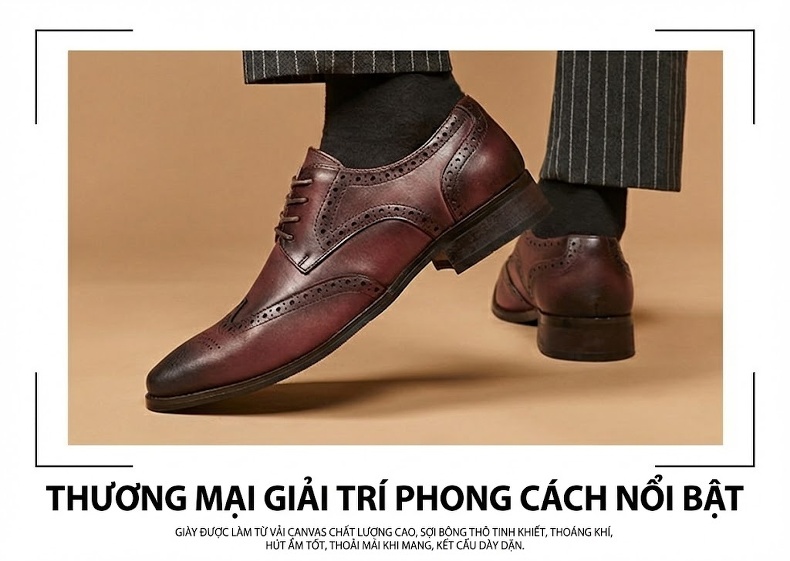 Giày Tây Nam Da Thật Mũi Nhọn Brogue Chiều Cao Đế Khoảng 3cm Màu Đen, Nâu Đỏ chi tiết 13