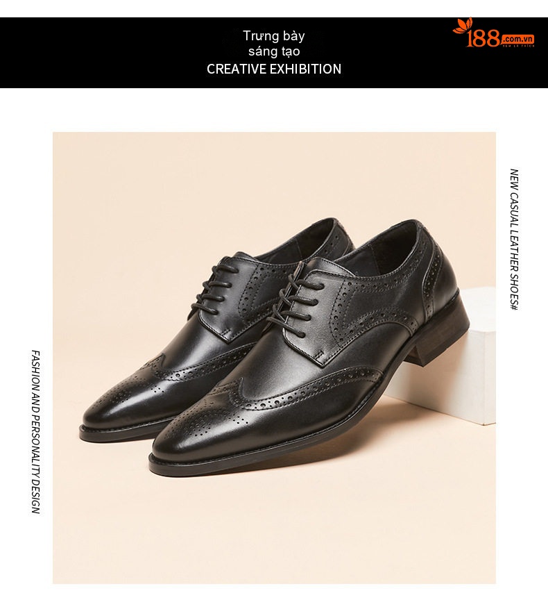 Giày Tây Nam Da Thật Mũi Nhọn Brogue Chiều Cao Đế Khoảng 3cm Màu Đen, Nâu Đỏ chi tiết 14
