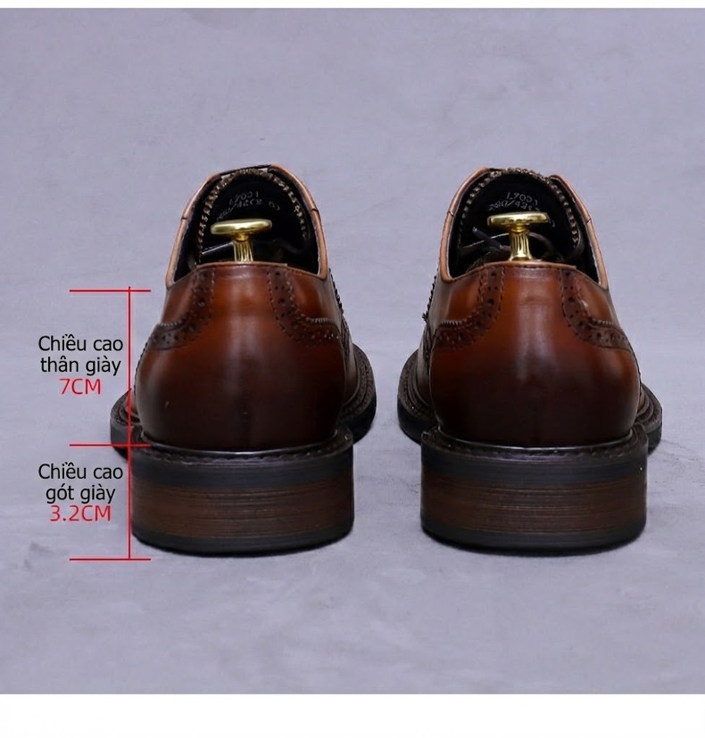 Giày Tây Nam Da Thật Mũi Tròn Brogue Chiều Cao Đế Khoảng 3cm Màu Đen, Nâu chi tiết 17