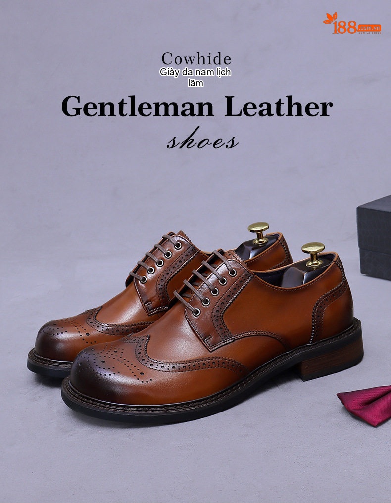 Giày Tây Nam Da Thật Mũi Tròn Brogue Chiều Cao Đế Khoảng 3cm Màu Đen, Nâu chi tiết 1