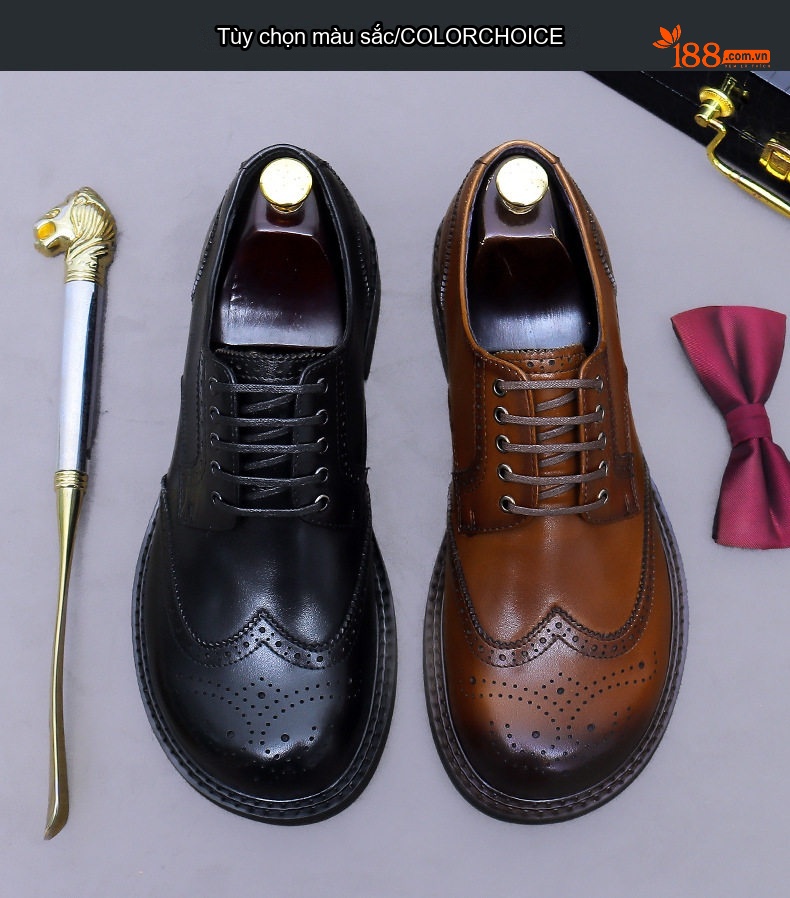Giày Tây Nam Da Thật Mũi Tròn Brogue Chiều Cao Đế Khoảng 3cm Màu Đen, Nâu chi tiết 2