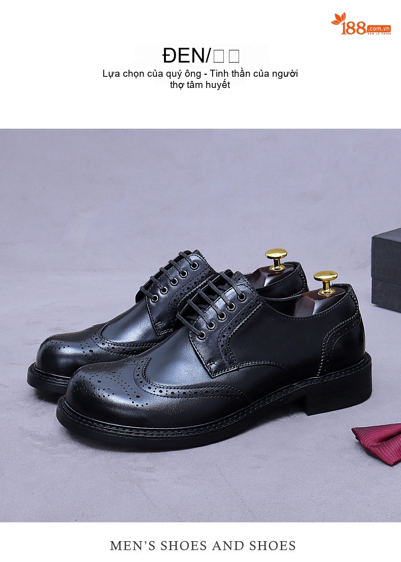 Giày Tây Nam Da Thật Mũi Tròn Brogue Chiều Cao Đế Khoảng 3cm Màu Đen, Nâu chi tiết 4