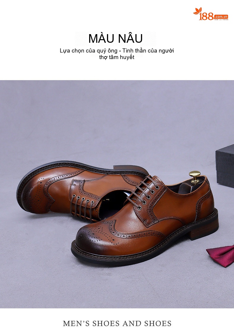 Giày Tây Nam Da Thật Mũi Tròn Brogue Chiều Cao Đế Khoảng 3cm Màu Đen, Nâu chi tiết 11