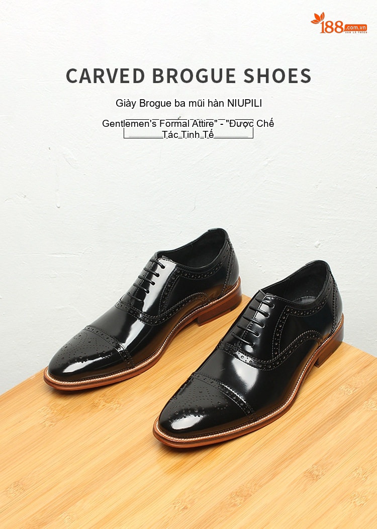 Giày Tây Oxford Brogue Nam Da Thật Chiều Cao Đế Khoảng 3cm Màu Đen, Nâu chi tiết 1