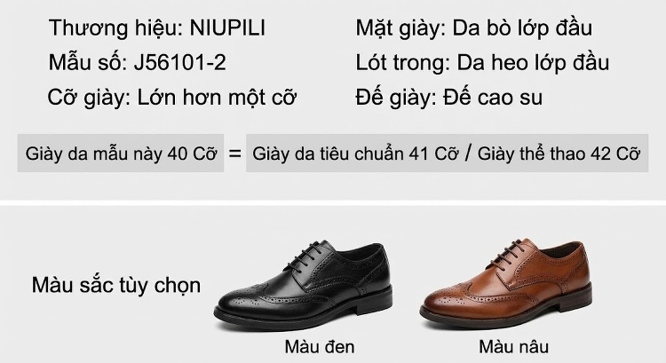 Giày Tây Oxford Brogue Nam Da Thật Chiều Cao Đế Khoảng 3cm Màu Đen, Nâu chi tiết 8