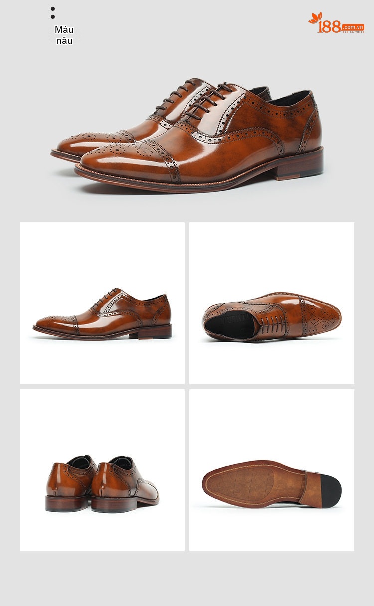 Giày Tây Oxford Brogue Nam Da Thật Chiều Cao Đế Khoảng 3cm Màu Đen, Nâu chi tiết 19