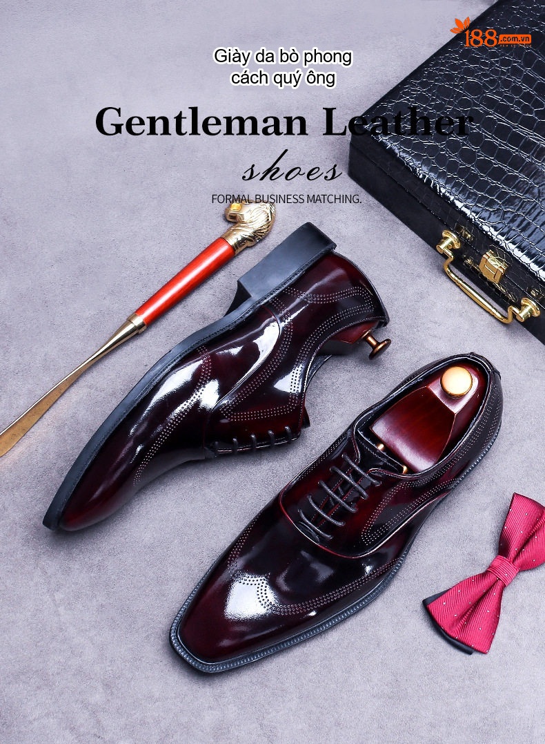 Giày Tây Oxford Buộc Dây Nam Da Bò Bóng Chiều Cao Đế Khoảng 3cm Màu Đen, Đỏ Rượu Vang chi tiết 1