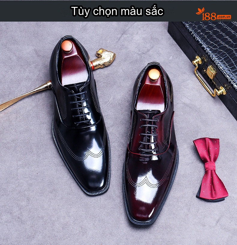 Giày Tây Oxford Buộc Dây Nam Da Bò Bóng Chiều Cao Đế Khoảng 3cm Màu Đen, Đỏ Rượu Vang chi tiết 2