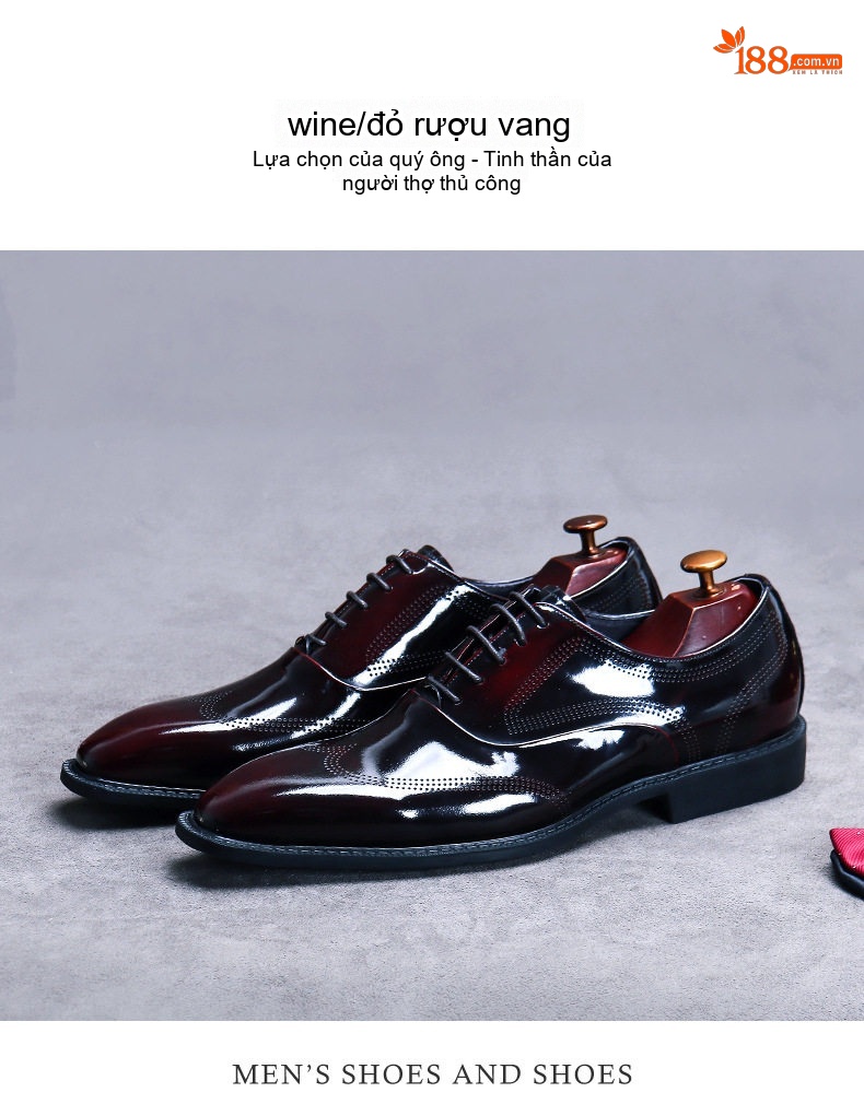 Giày Tây Oxford Buộc Dây Nam Da Bò Bóng Chiều Cao Đế Khoảng 3cm Màu Đen, Đỏ Rượu Vang chi tiết 3