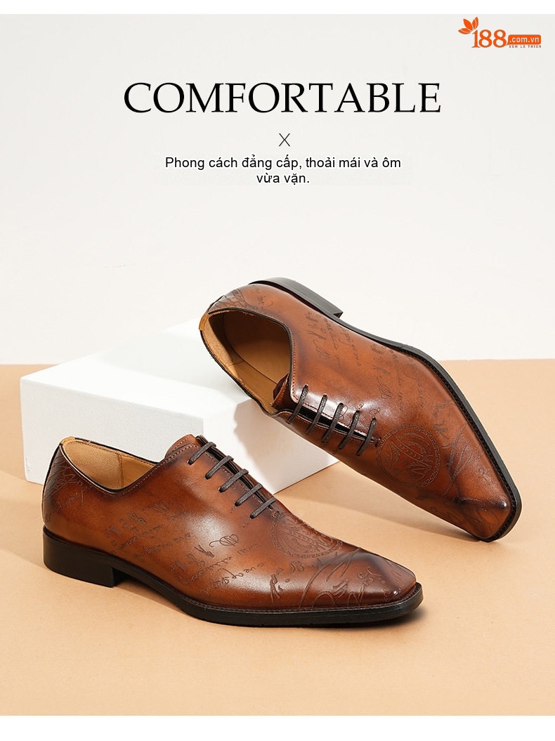 Giày Tây Oxford Buộc Dây Nam Da Bò Nguyên Tấm Chiều Cao Đế Khoảng 3cm Thiết Kế Brogue Màu Đen, Nâu chi tiết 2